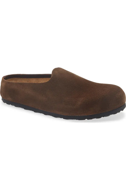 Suede wrapped leather mule three quarter right side view