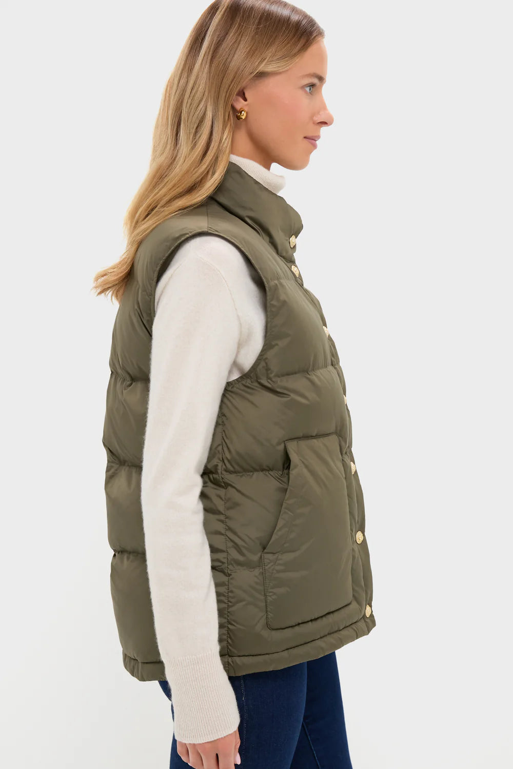 Olive Green Puffer Vest with Stand Collar and Gold Snaps | Ranch To Sea Boutique™