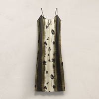 Silk cami midi dress — printed Italian silk, keyhole neckline and self-tie front slit, flat lay