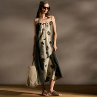 Silk cami midi dress — printed Italian silk, front view with keyhole neckline and adjustable tie detail