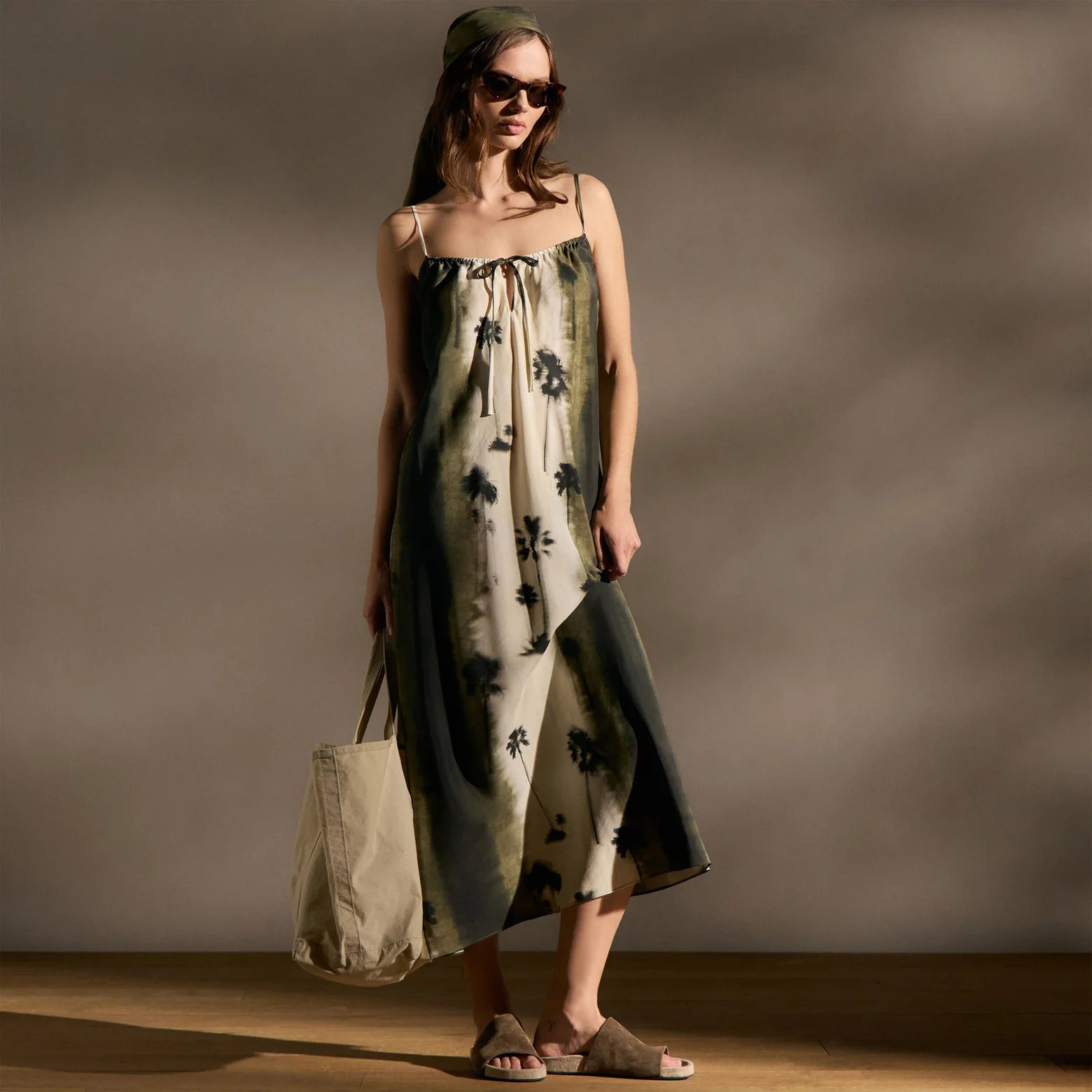 Silk cami midi dress — printed Italian silk, front view with keyhole neckline and adjustable tie detail-coordinating bag & shoe