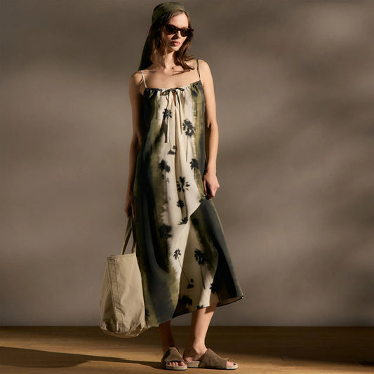 Silk cami midi dress — printed Italian silk, front view with keyhole neckline and adjustable tie detail-coordinating bag & shoe