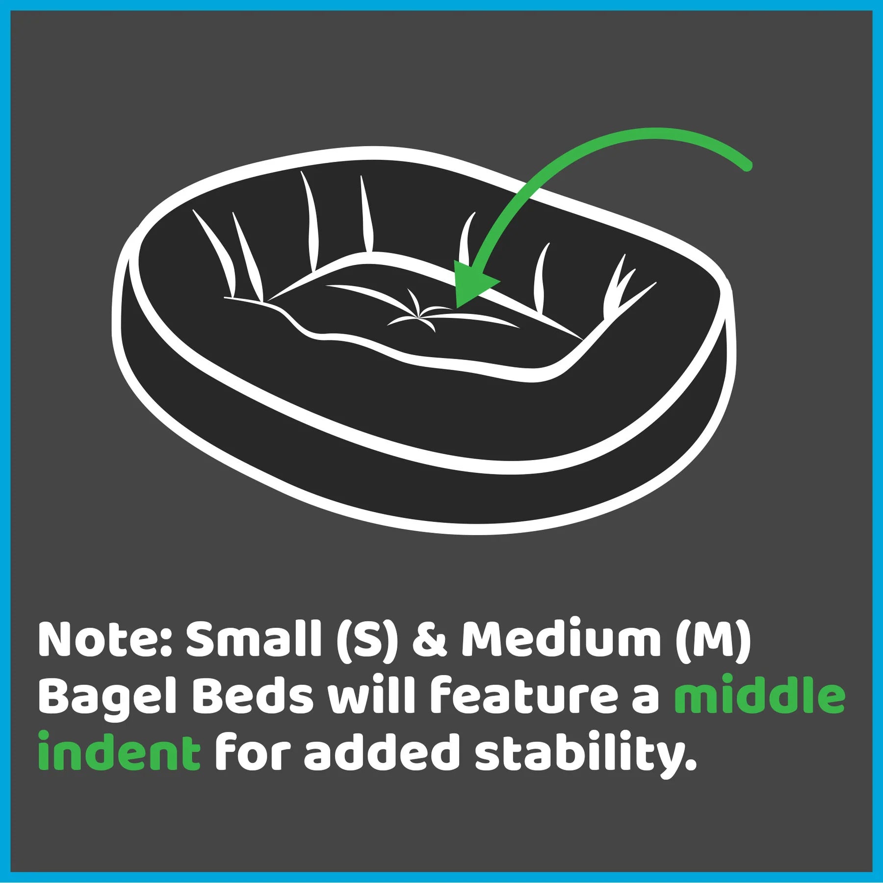 Washable pet bed bed with a green arrow indicating an indent for added stability on a gray background.