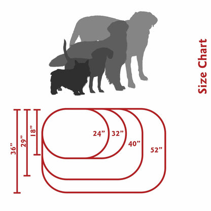 Washable pet bed size chart with silhouettes of dogs and dimensions on a white background