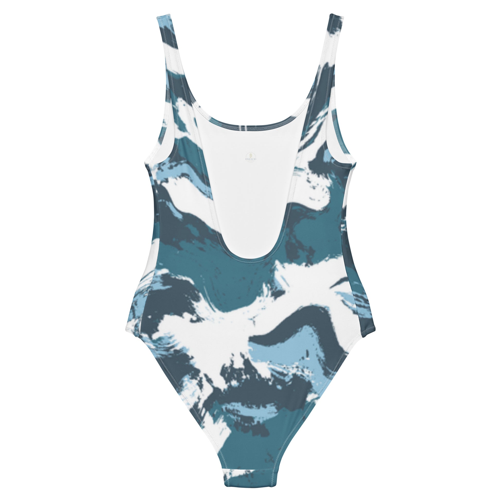 Azure one-piece swimsuit recycled — low-scoop back, cheeky fit, back view