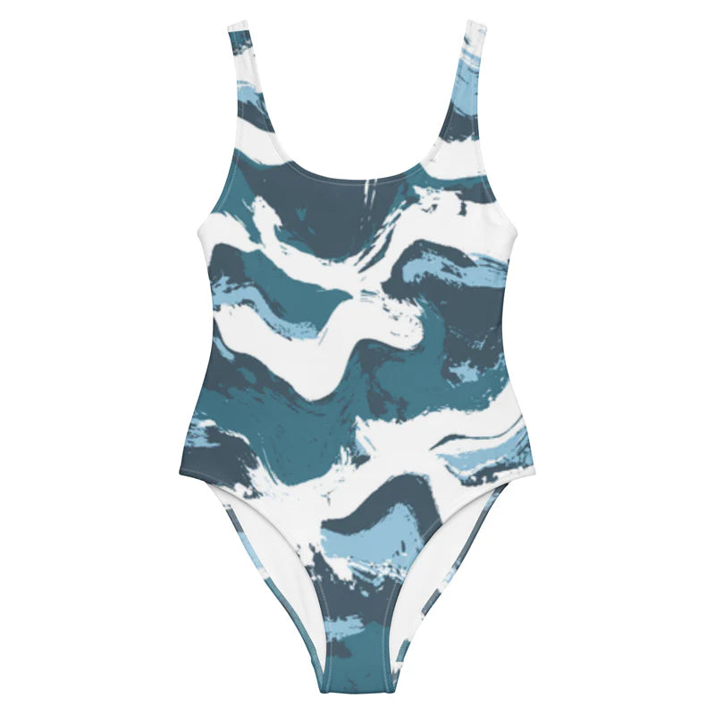 Azure one-piece swimsuit recycled — abstract blue print, front view