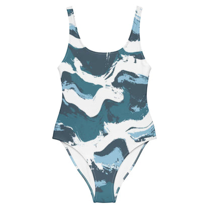 Azure one-piece swimsuit recycled — abstract blue print, front view