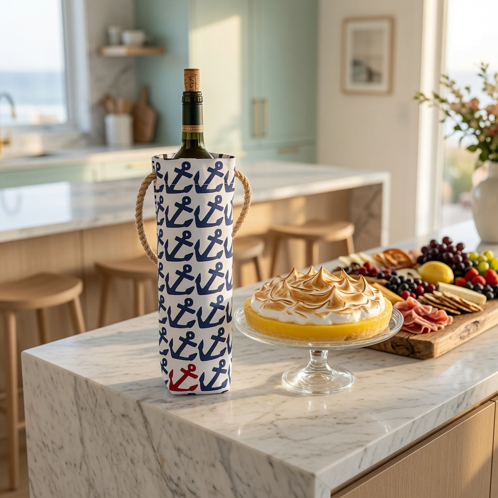 anchor recycled wine tote — recycled sailcloth wine tote with anchor motif, shown in AI lifestyle concept on marble kitchen counter with dessert and charcuterie (props not included) — results may vary, design image created using AI by RTS, see website for product details