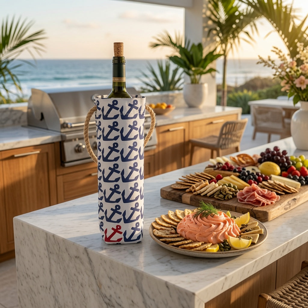 anchor recycled wine tote — recycled sailcloth wine tote with anchor motif, shown in AI lifestyle concept on outdoor coastal kitchen counter with ocean view (props not included) — results may vary, design image created using AI by RTS, see website for product details