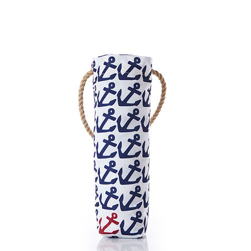 anchor recycled wine tote — recycled sailcloth wine tote with anchor motif and hemp rope handle, front view