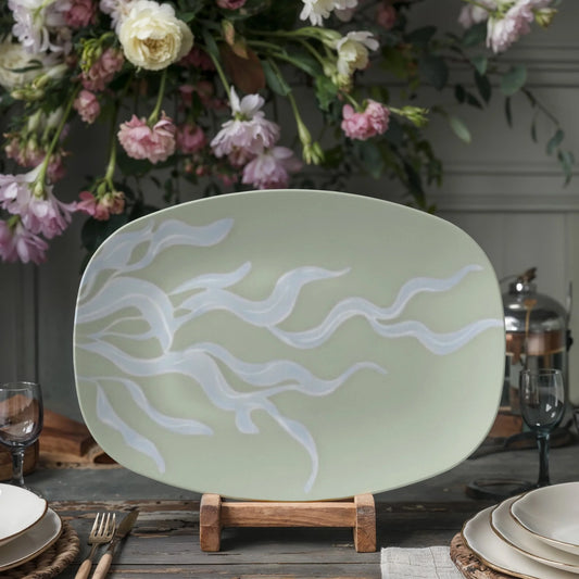 Sage Seaweed oval serving platter, 10x14 inch, sage-green with pale blue seaweed motif, made in the USA
