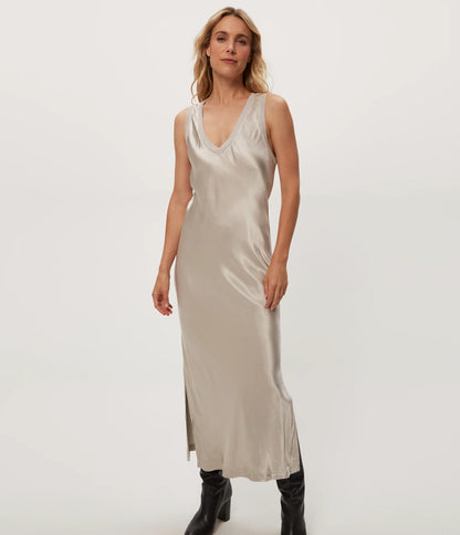 beige sleeveless satin midi dress, on-model front view on white background
