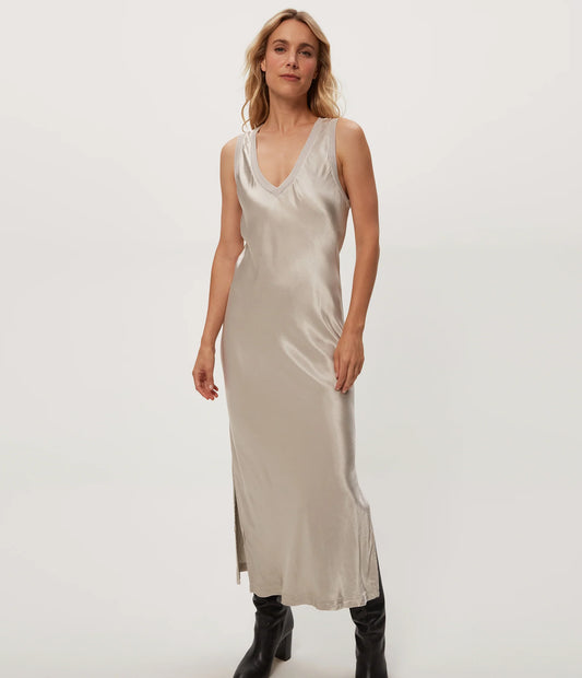 beige sleeveless satin midi dress, on-model front view on white background