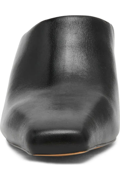 black leather heeled mule front toe view 