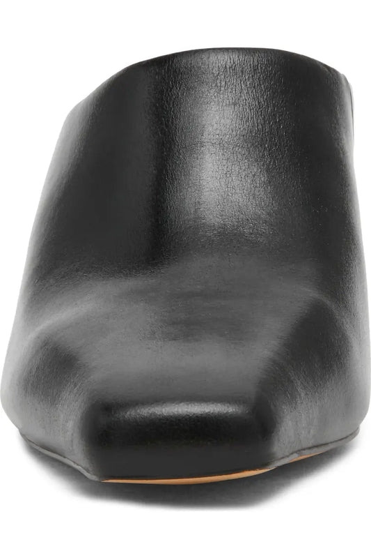 black leather heeled mule front toe view 