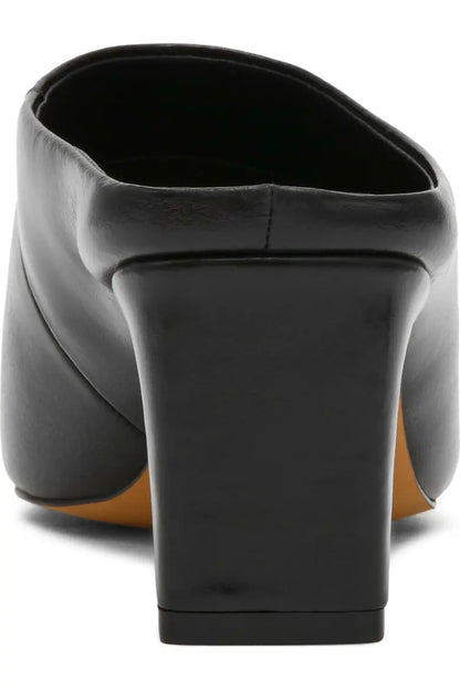 black leather heeled mule rear heel view 