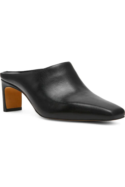 black leather heeled mule right side three quarter view 