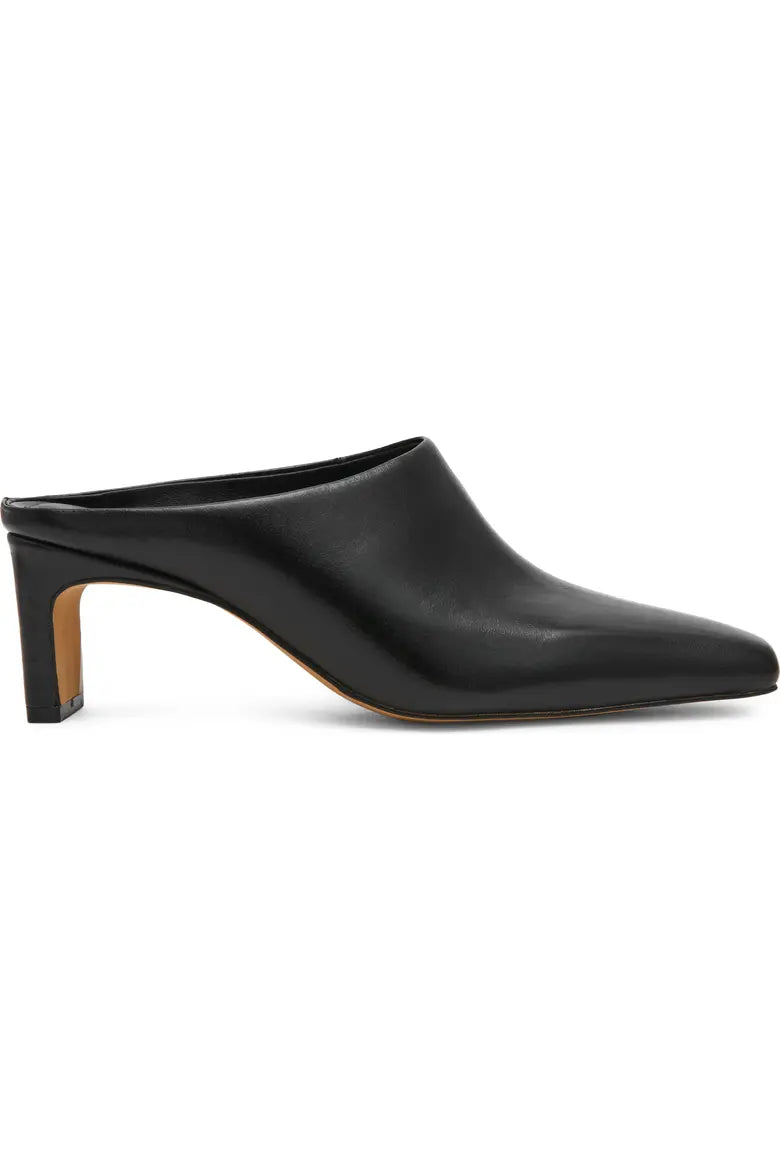 black leather heeled mule side view 