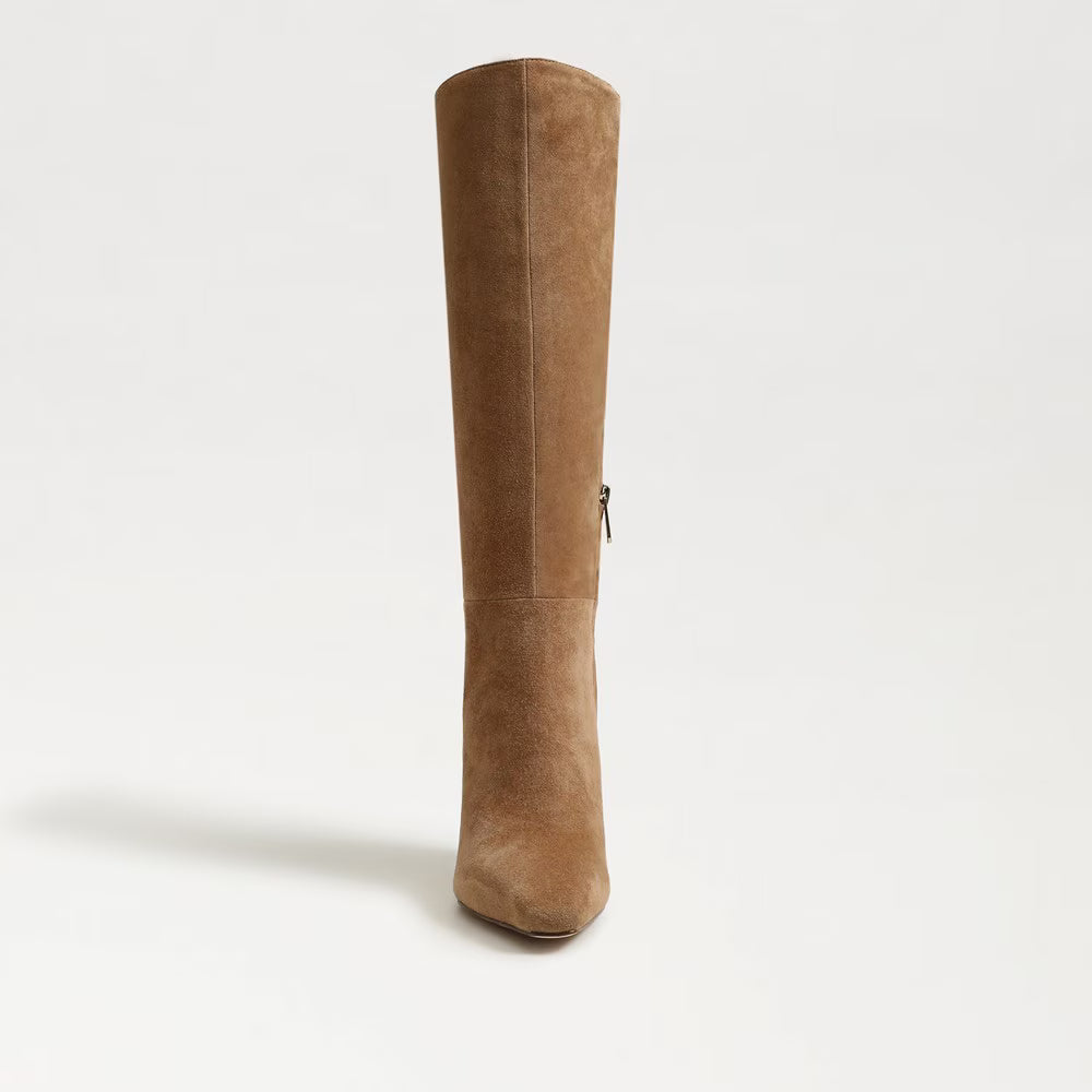 chocolate suede knee boot — tan suede option-knee-high boot, front view on white background