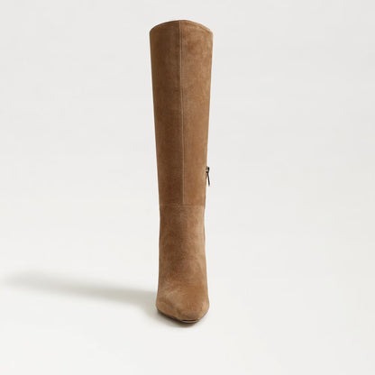 chocolate suede knee boot — tan suede option-knee-high boot, front view on white background