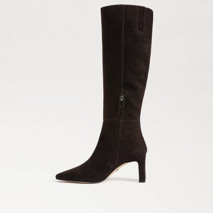 chocolate suede knee boot —knee-high boot, left angle side view on light gray background