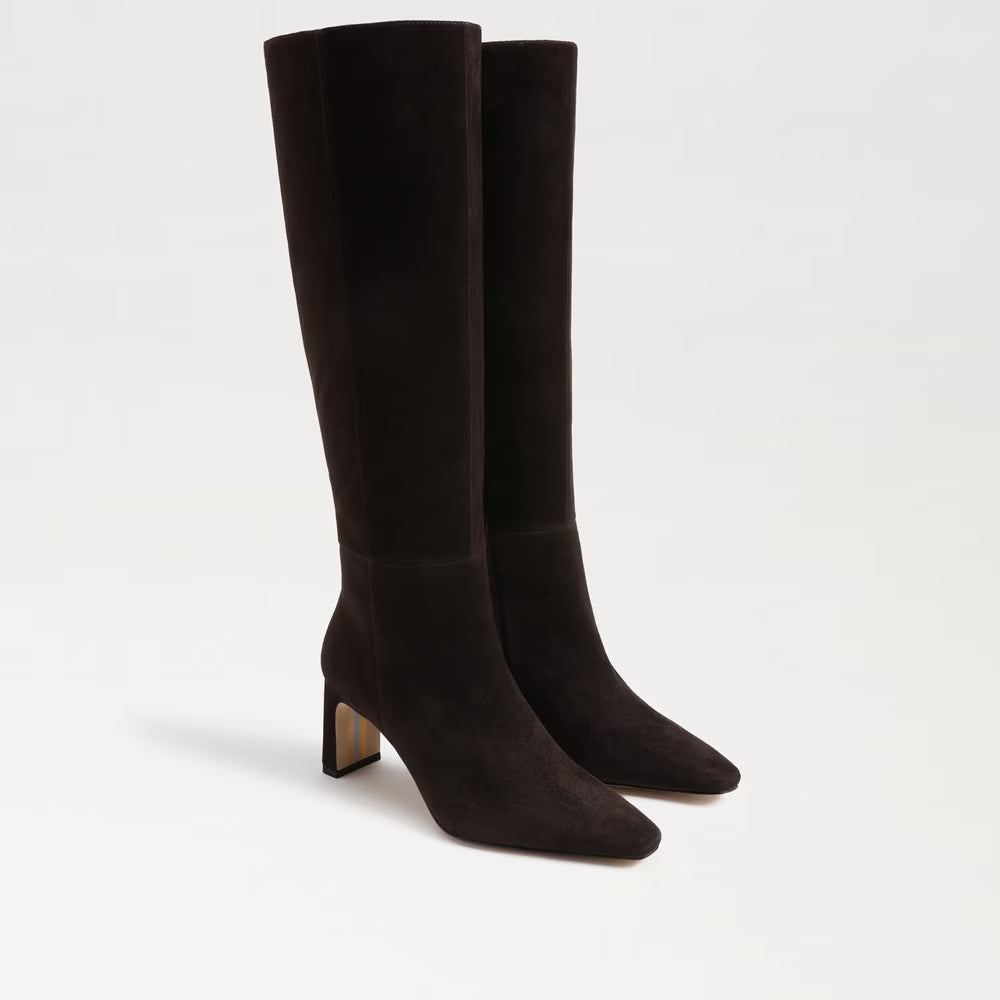 chocolate suede knee boot — pair of chocolate brown suede knee-high boots, front view on light gray background