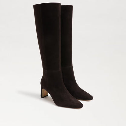 chocolate suede knee boot — pair of chocolate brown suede knee-high boots, front view on light gray background