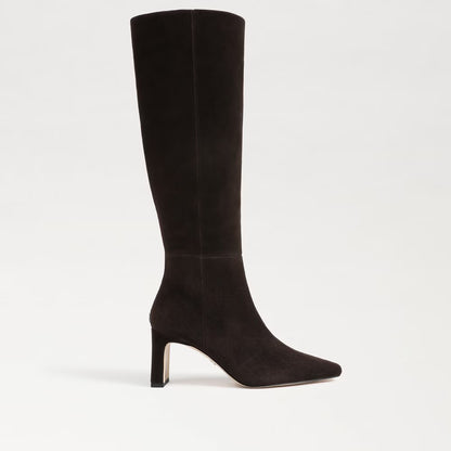chocolate suede knee boot — knee-high boot, side view on white background