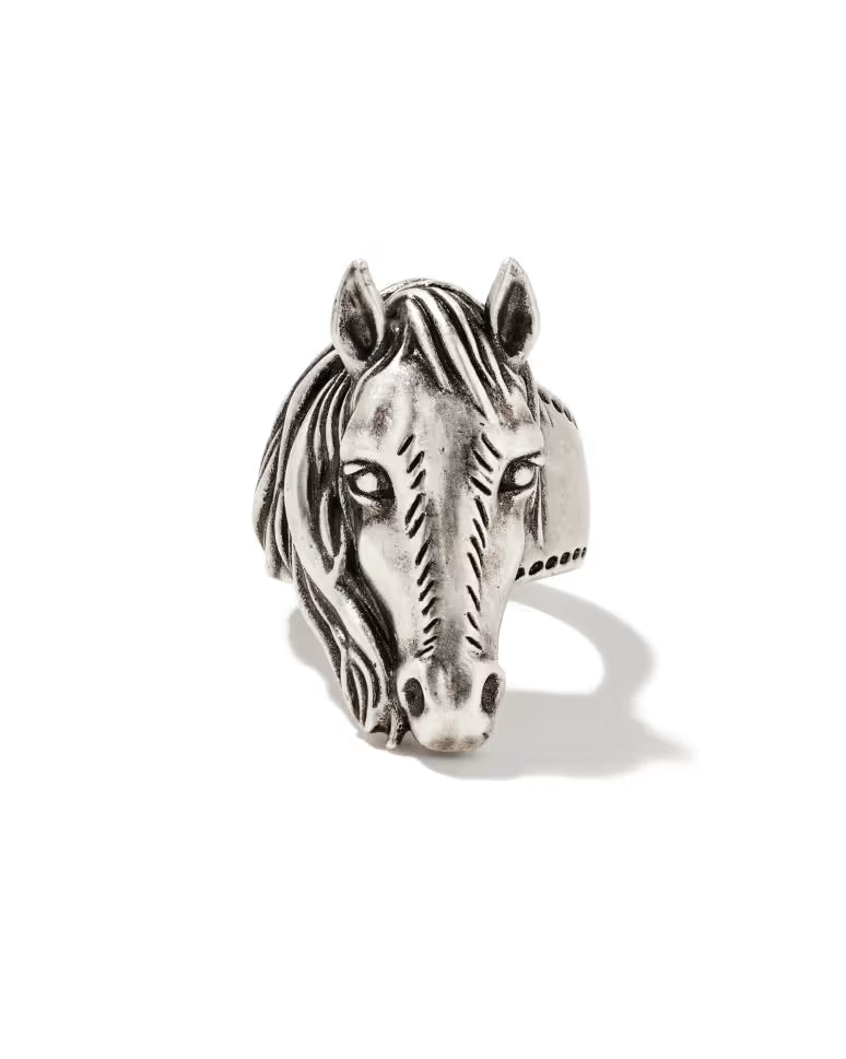vintage silver cocktail ring — western boho style, front face view with horse motif detail, white background