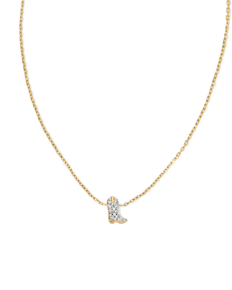 diamond cowboy boot pendant — 14k yellow gold spring ring clasp, close detail view — delicate cowboy boot necklace, white diamond western jewelry