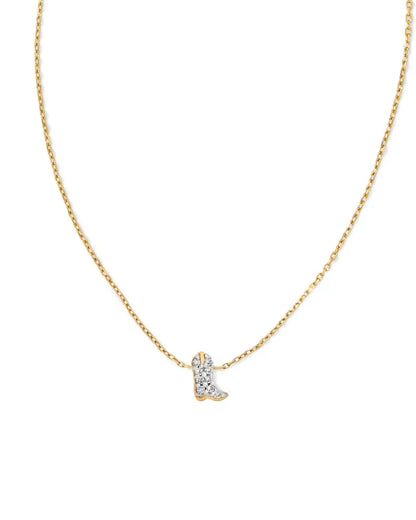 diamond cowboy boot pendant — 14k yellow gold spring ring clasp, close detail view — delicate cowboy boot necklace, white diamond western jewelry