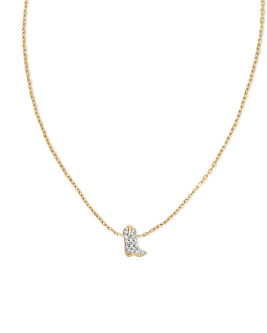 diamond cowboy boot pendant — 14k yellow gold spring ring clasp, close detail view — delicate cowboy boot necklace, white diamond western jewelry