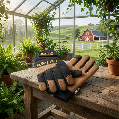 Flex Pro waterproof work glove on greenhouse table — flex-fit leather glove for outdoor and garden work