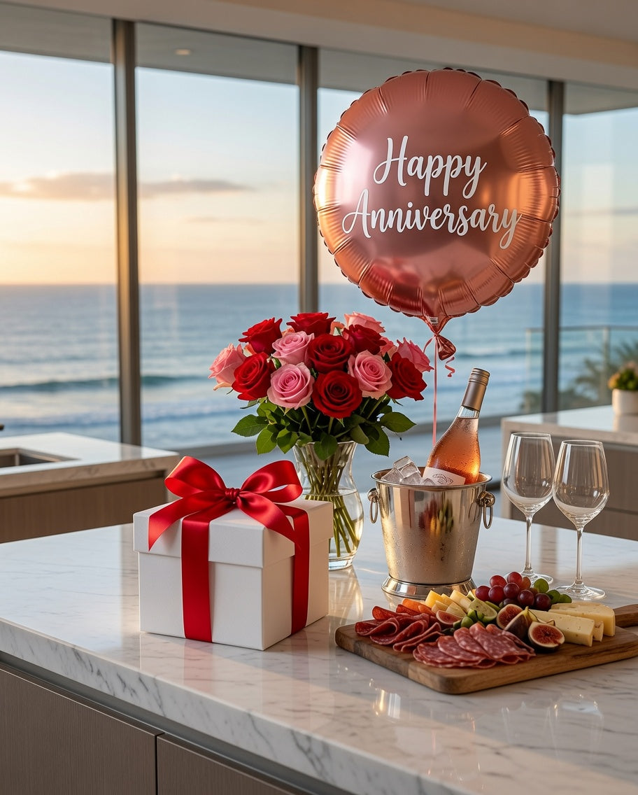 delicate cowboy boot necklace — diamond western pendant, shown in AI lifestyle concept with gift box, roses and anniversary balloon (props not included) — results may vary, design image created using AI by RTS, see website for product details