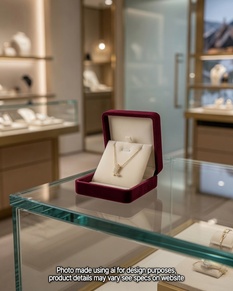 delicate cowboy boot necklace — diamond western pendant, shown in AI lifestyle concept in jewelry store display case (props not included) — results may vary, design image created using AI by RTS, see website for product details