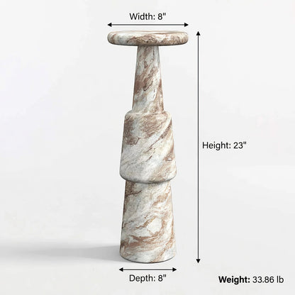 Cream marble drink table-style pedestal stool with dimension callouts showing a height of 23 inches, width of 8 inches, and depth of 8 inches, plus a weight of 33.86 lb, on a light gray background.