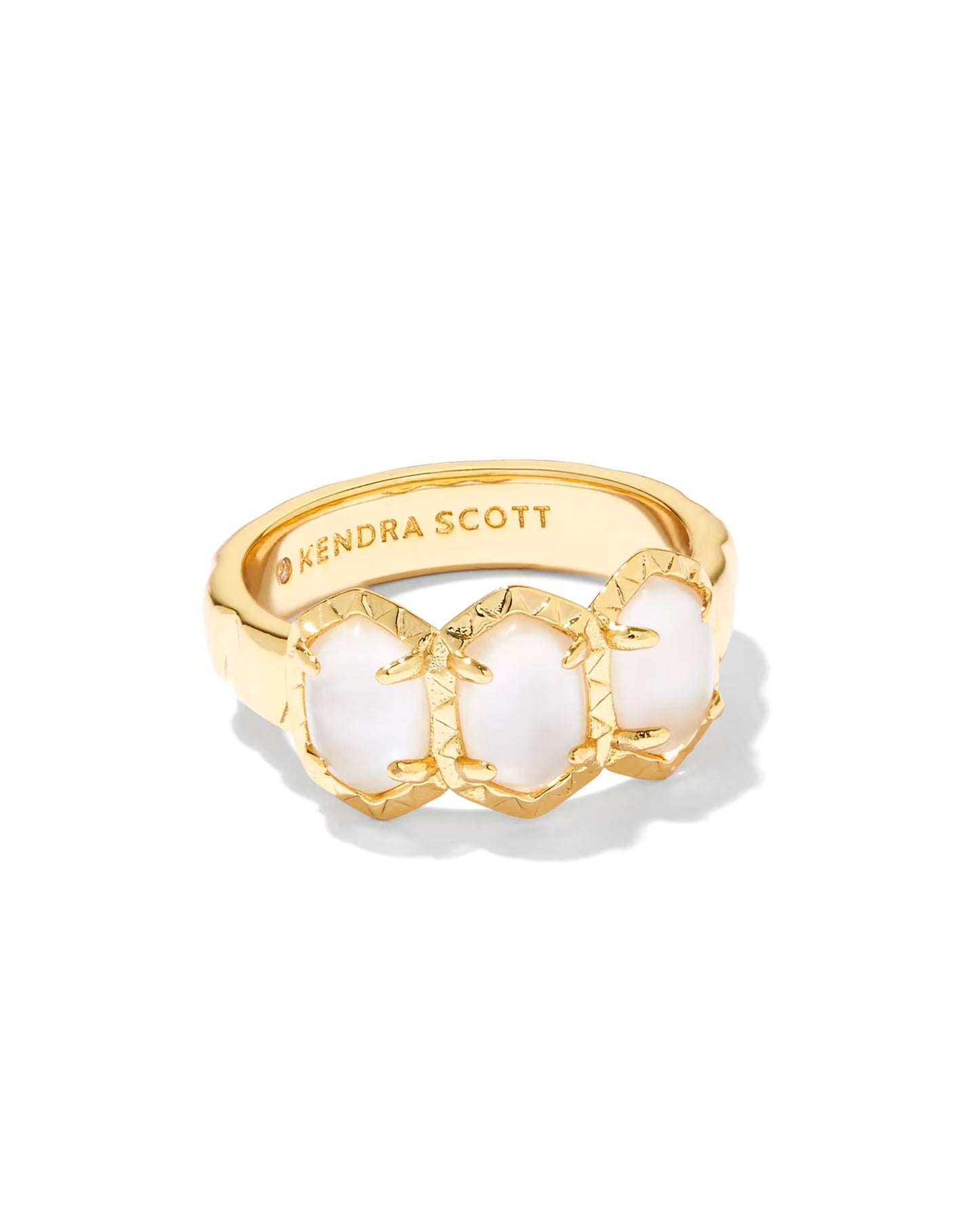 gold band ring mother of pearl — 14k yellow gold over brass with 3-stone ivory mother of pearl setting, front face view, white background