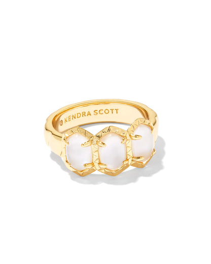 gold band ring mother of pearl — 14k yellow gold over brass with 3-stone ivory mother of pearl setting, front face view, white background