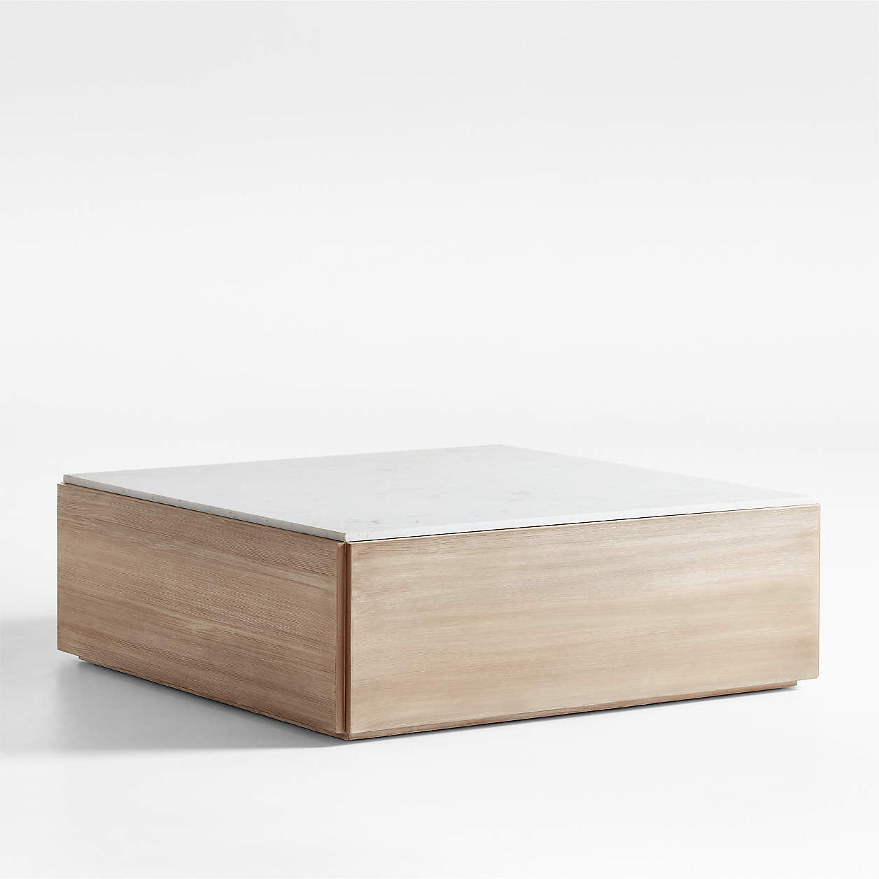 Marble and Natural Wood Square Coffee Table, with a white top on a white background Corner View