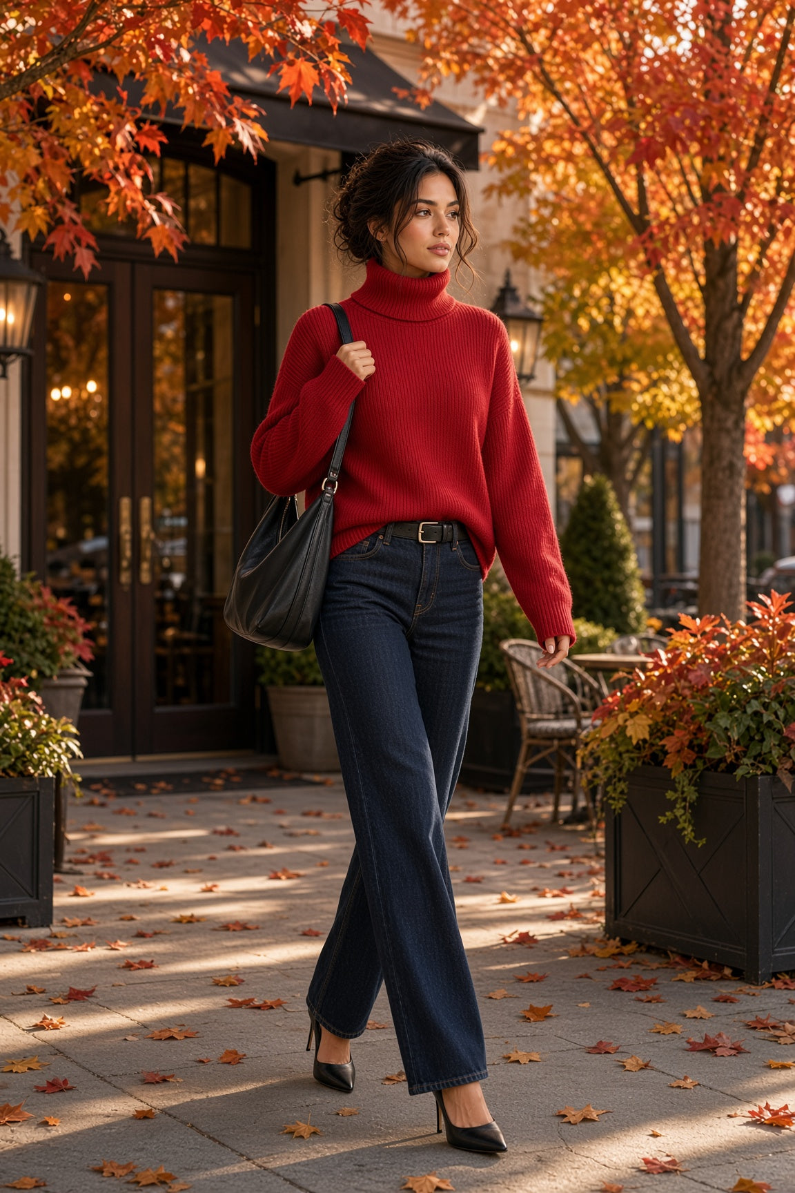 red wool-cashmere turtleneck denim look lifestyle walking pic