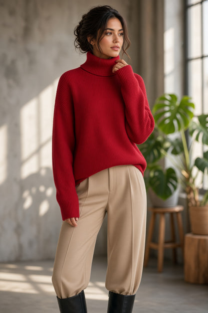 red wool-cashmere turtleneck full front view