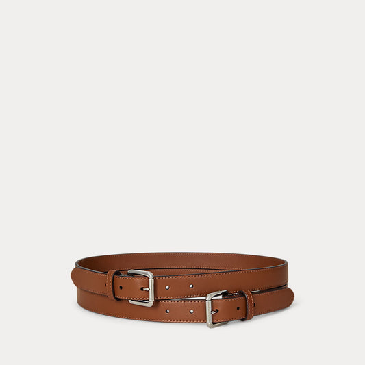 Lauren Leather Double-Buckle Stacked Wide Belt