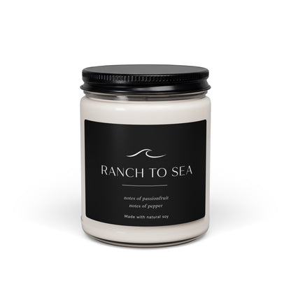 Candle jar with Ranch to Sea  black label on a white background