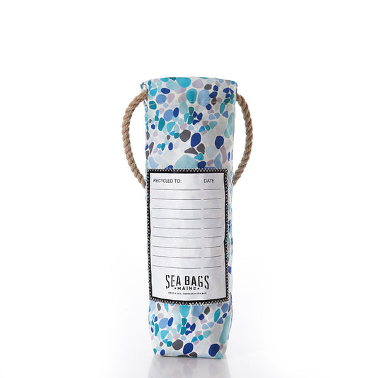 sea glass wine bag- grocery bag with blue and white pattern and a label on a white background