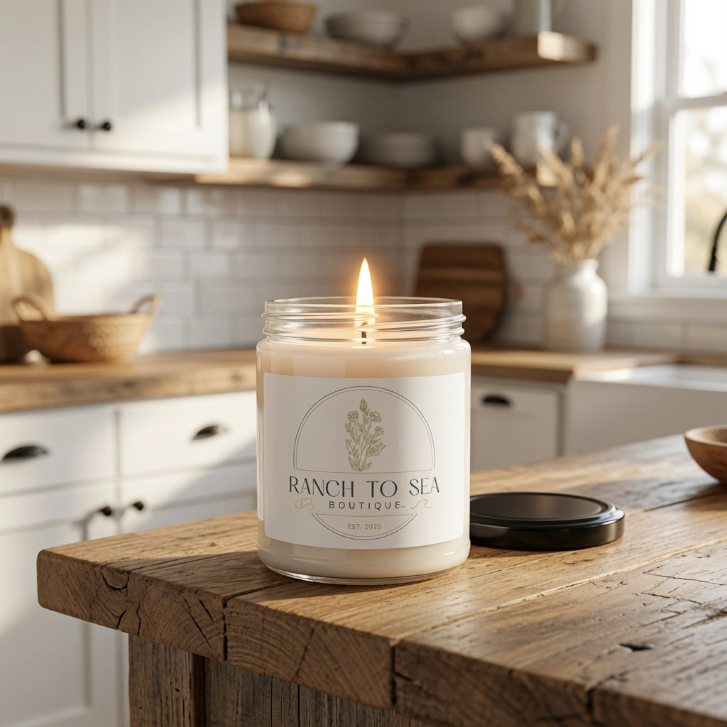sea salt orchid candle — lit soy candle in clear glass jar on rustic wooden kitchen counter with lid beside it, shown in AI lifestyle concept (may not be to scale, see website for dimensions; props not included) — results may vary, design image created using AI by RTS, see website for product details