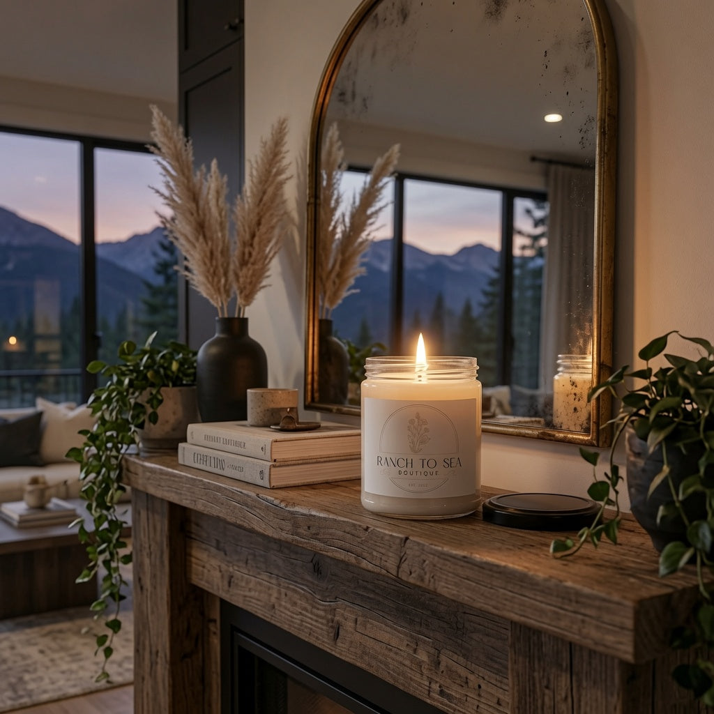 sea salt orchid candle — lit soy candle in clear glass jar on rustic wooden mantel in cozy living room setting, shown in AI lifestyle concept (may not be to scale, see website for dimensions; props not included) — results may vary, design image created using AI by RTS, see website for product details