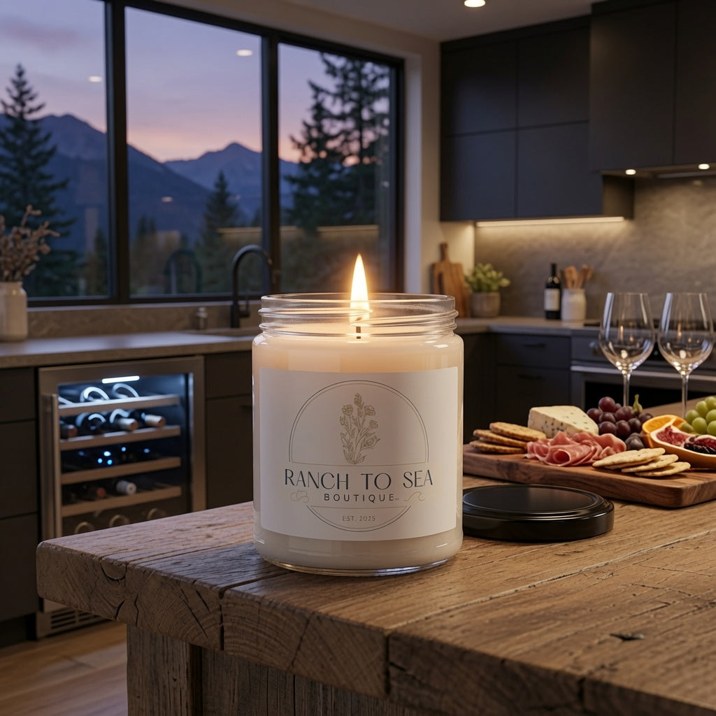 sea salt orchid candle — lit soy candle in clear glass jar with Ranch To Sea Boutique label on rustic wooden kitchen island, shown in AI lifestyle concept (may not be to scale, see website for dimensions; props not included) — results may vary, design image created using AI by RTS, see website for product details