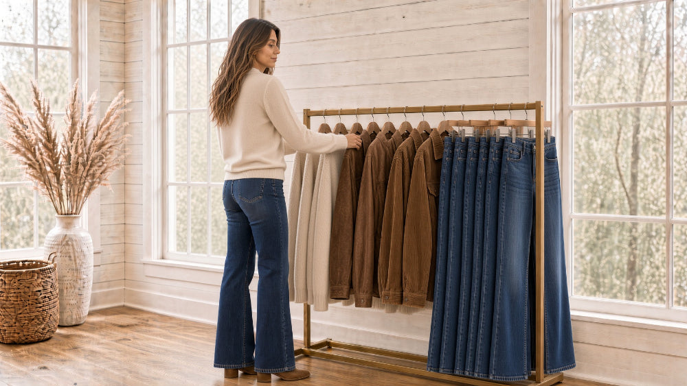model  shopping looking at cream sweaters, brown  jackets and dark bootcut jeans
