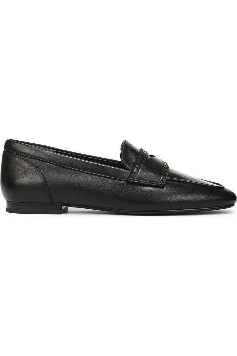 Black leather slip on penny loafer side view