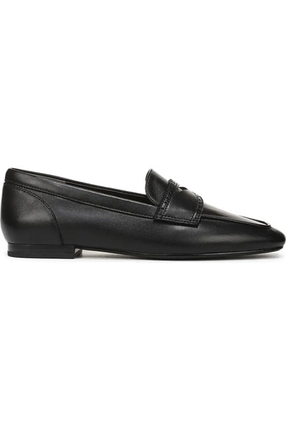 Black leather slip on penny loafer side view
